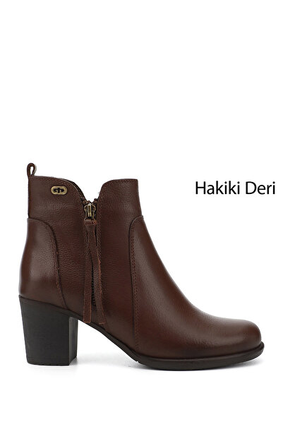 GÖNDERİ(R) Braune Floater-Damenstiefel aus echtem Leder mit Reißverschluss und dickem Absatz