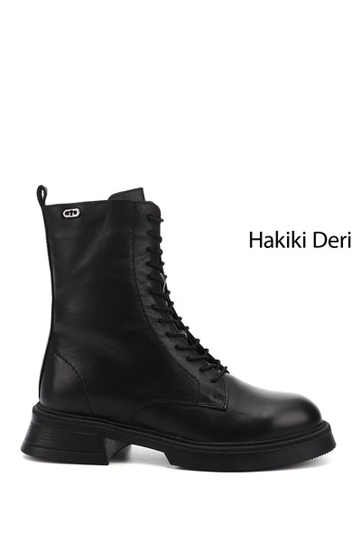 GÖNDERİ(R) Kadın Siyah Fermuarlı Kalın Taban Hakiki Deri Postal Bot