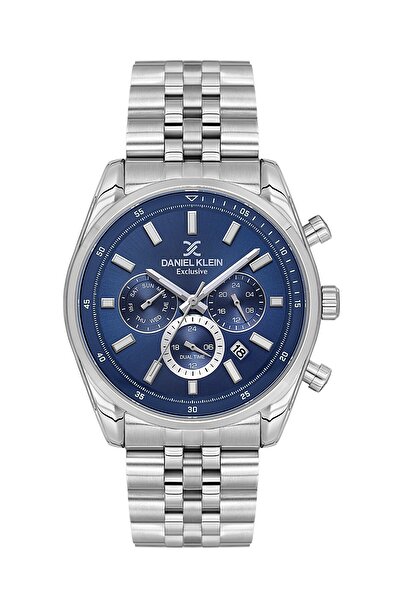 Daniel Klein ساعة يد حصرية متعددة الوظائف باللون الأزرق الداكن، 3 Atm للرجال بسوار معدني فضي اللون