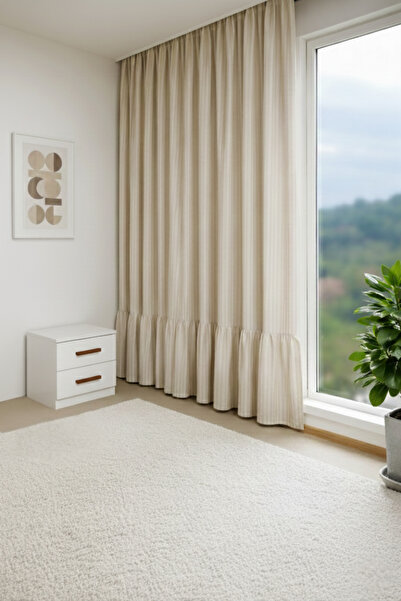 MZN Home Etek Ucu Fırfırlı Sütlü Kahve Şeritli Bohem Keten Perde – Korniş/Hal...