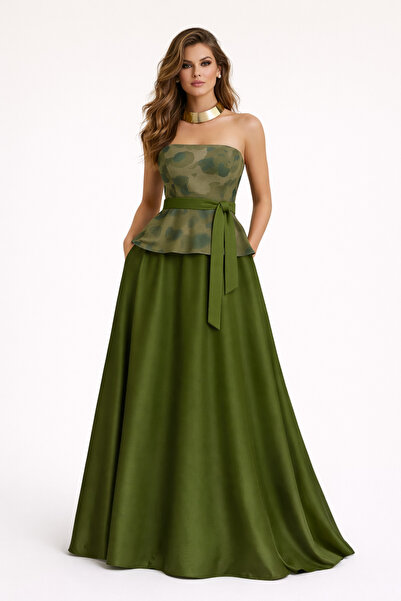 MERT ERKAN Camouflage Patterned Strapless Top & Fat Green Taffeta Maxi Skirt ...