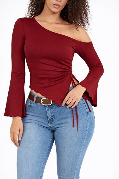 ESPOİRPLUS Bordo One-Shoulder Blouse with Spanish Sleeves and Gathered Details