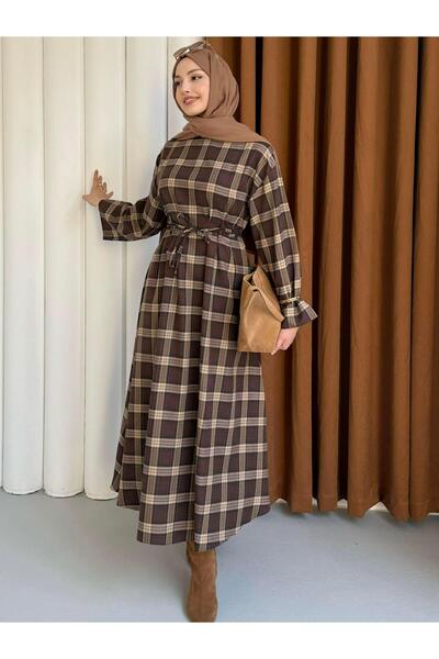 Modaensarbutik Beli Çift Kuşaklı Ekose Tesettür Elbise-KAHVERENGİ