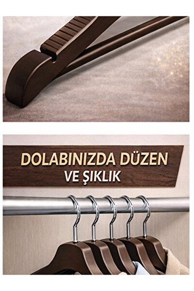 Felyra 6 Adet Lüks Askı Ahşap Görünümlü Plastik A Kalite Elbise Kıyafet Askıs...