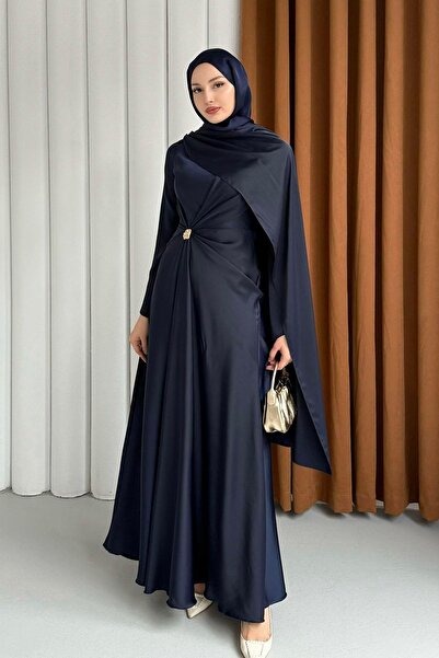 Modaensarbutik Elegant Broş Detaylı Saten Tesettür Abiye-LACİVERT