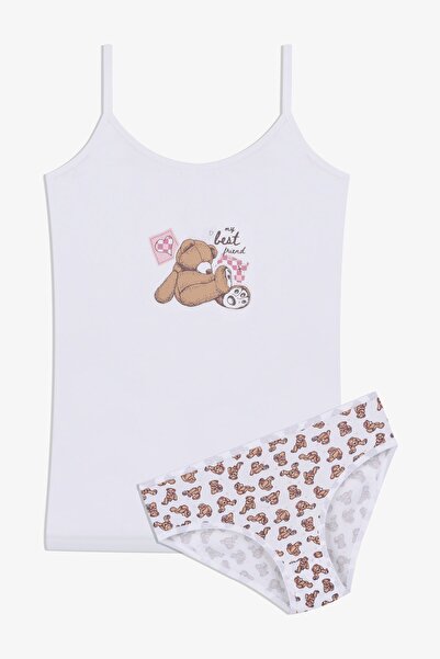 koza iç giyim Girl's Teddy Bear Patterned Cotton Athlete Briefs Set