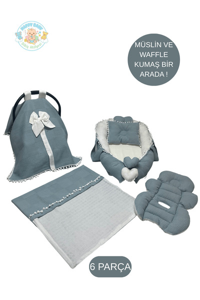 Happy Baby Dikiş Atölyesi 6 Parça Müslin Waffle Babynest Taşınabilir Bebek Ya...