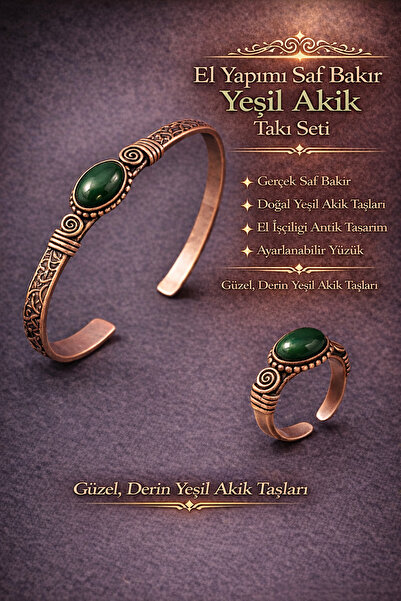 İyyaKee Erkek Kadın Bakır Bileklik Yüzük Set Doğal Yeşil Akik Taşı Kadın Kele...
