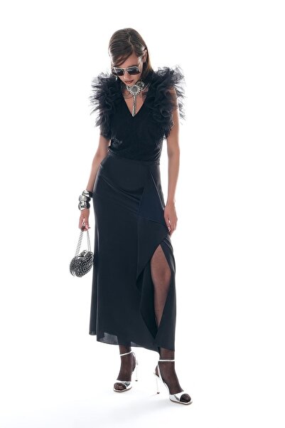 EXPLOSION Saten Önden Volanlı Midi Yırtmaçlı Etek