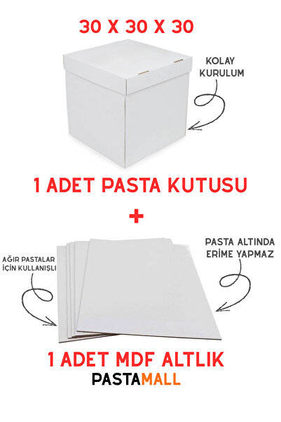 LOURENS 30X30X30 BEYAZ PASTA KUTUSU VE MDF PASTA ALTLIĞI TAKIM 1'ER ADET PAST...