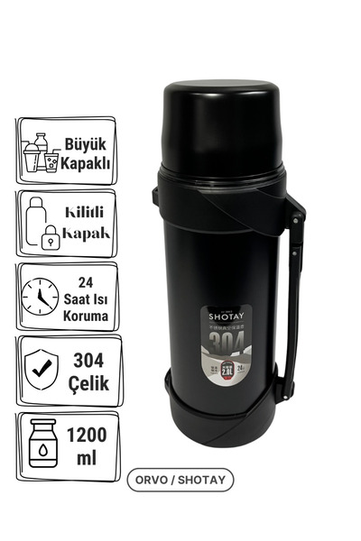 Shotay ترمس فولاذي سعة 1.2 لتر |   304 ستانلس ستيل، مفرغ الهواء، مانع للتسرب، حافظ للحرارة والبرودة - أسود