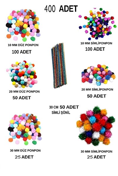 W-Design Renkli Pon Pon 10 20 30 mm düz şönil ve simli şönil Metalik ve Ana Renkler Seti Toplam 390 Adet