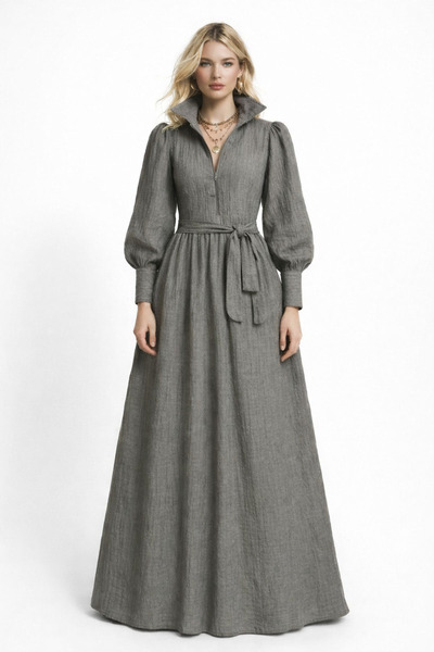 MERT ERKAN Krinkıl Açık Gri Kumaş Maxi Gömlek Elbise