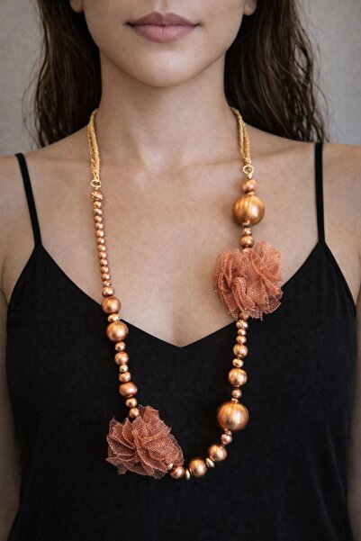 Gönülden Tasarım Number 43 Brown Flower Patterned Beaded Women's Necklace