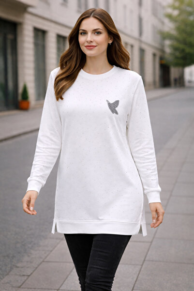 MİRA BUTİK Modal Kumaş Beyaz Taş Detaylı Uzun Kolu Tunik Rahat Kesim Günlük Kadın Sweat 80 Cm Tesettür Tunik