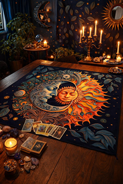 ALAMODECOR Ateşli Güneş ve Ay Desenli Tarot Örtüsü | Sunak Örtüsü | Altar Ört...
