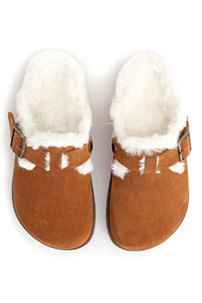alamoda Lunela Women's Genuine Leather Fur Buckle Sabo Slippers Tan Suede
