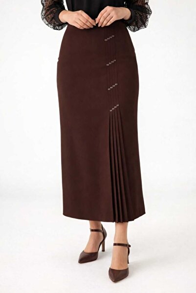 Butik Deri Detaylı Astarlı Pileli Portoriko Kumaş Anne Eteği