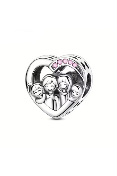 Singularis Aile Temalı Kalp Charm – Pembe Taşlı 4 Kişilik Gülümseyen Aile Bon...