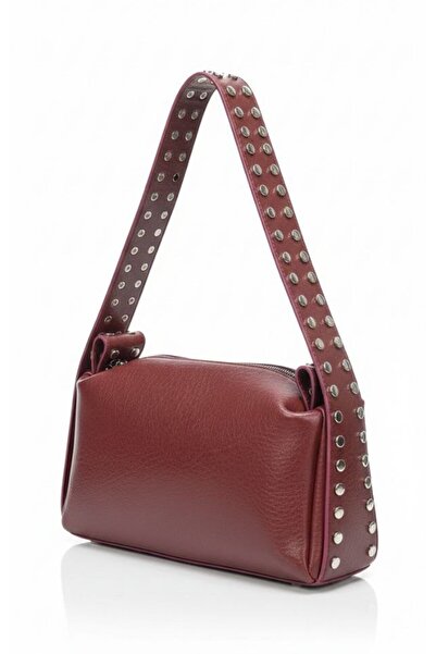 ÇANTAM GELSİN Women's Burgundy Soft Leather Studded Detail Shoulder Bag