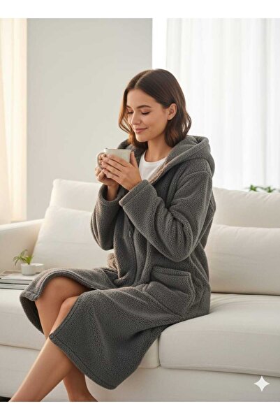 MOONSAND Anthracite Gray Wellsoft Plush Ka Hooded Nisex Dressing Gown Front Z...