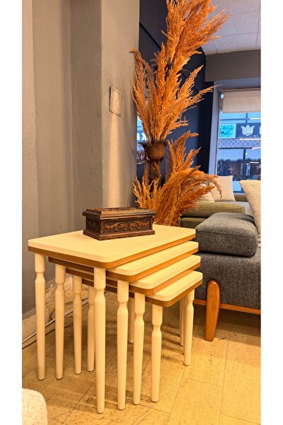 hgalpdesing 4'lü Lüx Mdf Ahşap Zigon Sehpa Full Krem ceviz