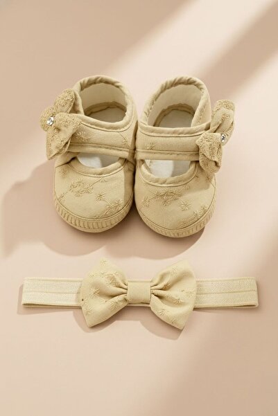 Genel Markalar Bej Organik Dantel Fiyonk Bandanalı Yenidoğan Patik