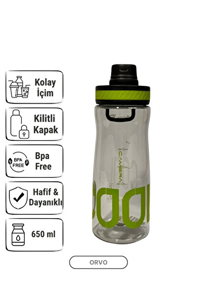 650 ML Spor Matara – Kilitli Kapaklı, Ağızlıklı, Askılı Su Matarası - Siyah