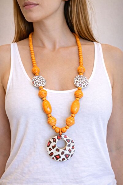Gönülden Tasarım Bamboo Wooden Beaded Women's Necklace 36 cm