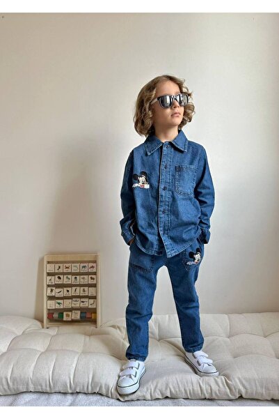 Disney Erkek Çocuk Mickey Mouse Nakışlı - Kot Gömlekli - Pantolonlu - Kot Takım