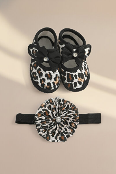 lilico Leopard Detail Black Bandana Newborn Bow Detailed Booties