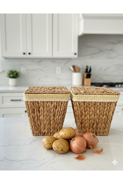 Beyaz Atölyem 2Li Sarı İç Korumalı Hasır Kapaklı Çok Amaçlı Patates ve Soğan ...