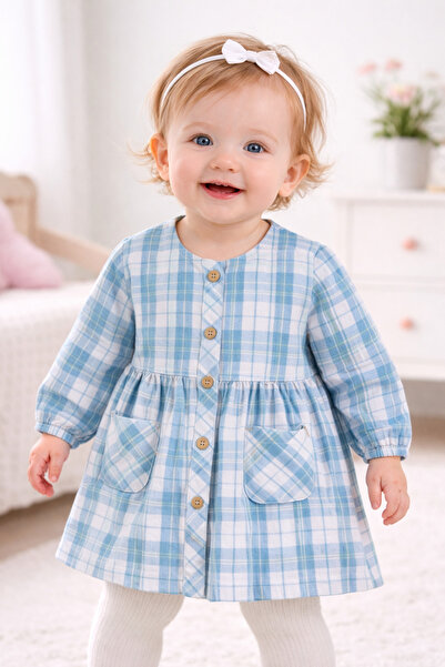Babyzz Kız Bebek Mavi Ekoseli Düğmeli Mevsimlik Uzun Kollu Elbise
