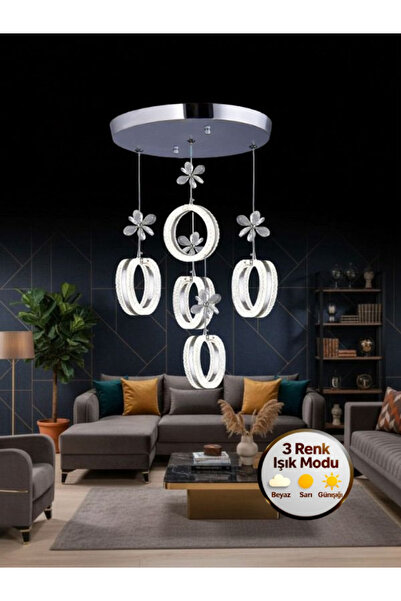 Litra Lighting Aurea Model 5’li Kristal Taşlı Gümüş 3 Renk Modu Ledli Salon M...