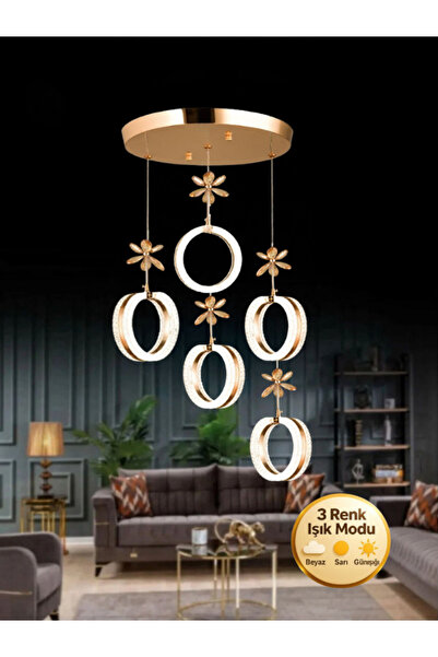 Litra Lighting Aurea Model 5’li Kristal Taşlı Gold 3 Renk Modu Ledli Salon Mu...