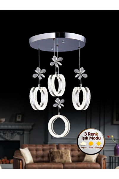 Litra Lighting Aurea Model 4’lü Krom 3 Renk Modu Salon Mutfak Yatak Çocuk Odası Ledli Kristal Taşlı Led Avize