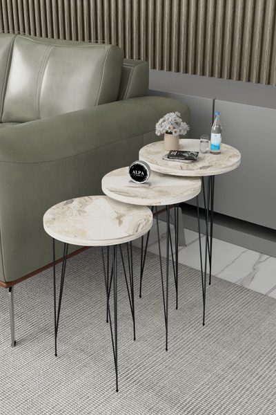 alpaevmobilya 3'lü Metal Siyah Tel Ayaklı Yuvarlak Zigon Sehpa Takımı - Moder...