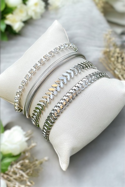 Crc Bijuteri 4-Piece Silver Color Women's Bracelet Set Suitable for Any Wrist