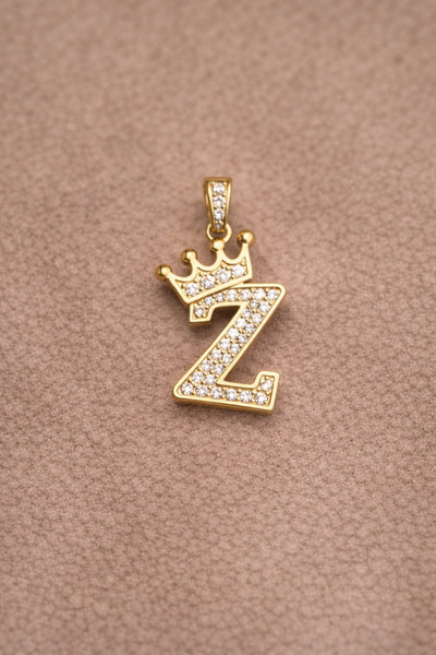 Owentis Çelik Gold Taşlı Crown Z Harf Kolye -kararma Yapmaz-