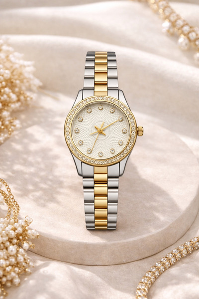 Nicevia ساعة نسائية فاخرة بقرص أبيض وسوار فضي ذهبي