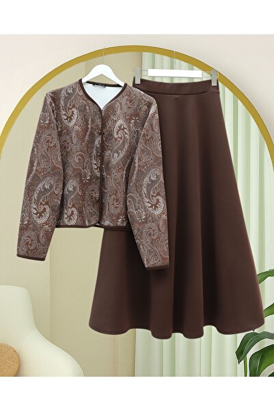 Modamorfo Ethnic Patterned Ball Button Scuba Suit - Brown