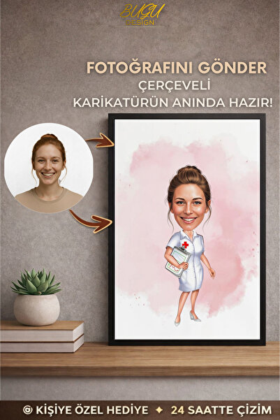 Bugucreative Kişiye Özel Hemşire Karikatürü Çerçeveli Tablo,Hediyelik Karikatür,Öğretmenler Günü Hediyesi