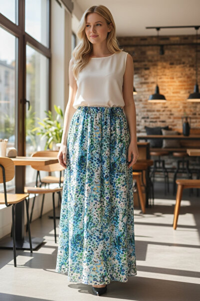 modayiğit Büyük beden dijital baskılı viskon lastikli kadın etek