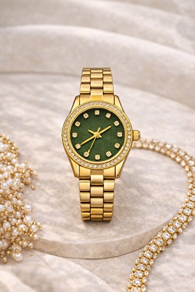 Nicevia ساعة نسائية فاخرة بقرص أخضر وسوار ذهبي مرصع بالأحجار