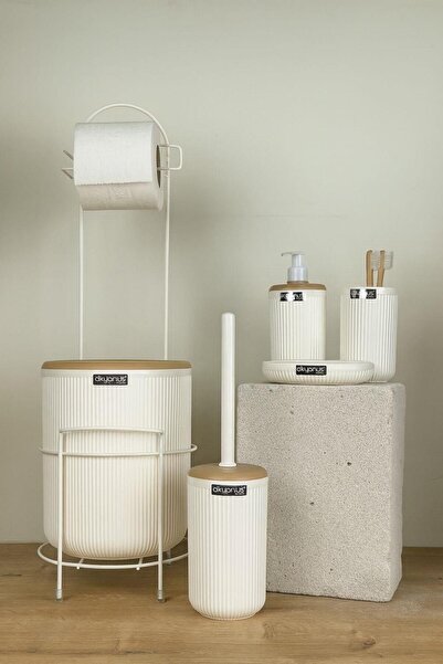 Okyanus Home Kırık Beyaz Yuvarlak Mina Due Wc Kağıtlık ve 6 Parça Banyo Seti - Kırık Beyaz