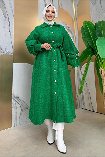 TRENDTESETTÜR KADIN YEŞİL DÜĞMELİ KUŞAKLI KABAN 7277