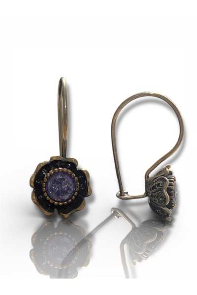 Mardinden 925 AyarGümüş Amatist Taşlı Mardin El Yapımı Oksitli Gül Motifli Telkari Küpe