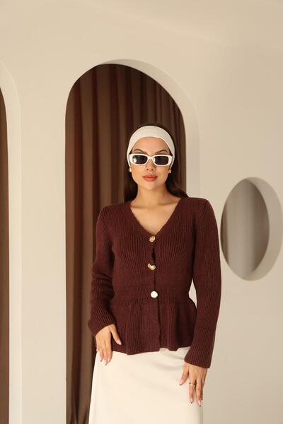 İgnites Burgundy Flounce Trim Button Detail Knit Cardigan-Igni̇tes-00023