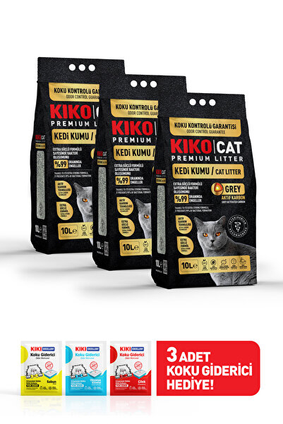 KIKO CAT GREY AKTİF KARBON PREMIUM BENTONİT KEDİ KUMU - (ÜÇLÜ PAKET) 10Lx3 - ...