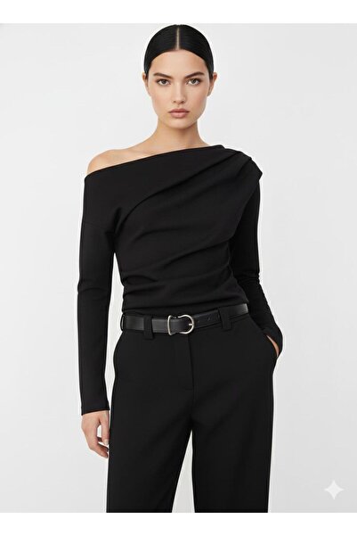 BY HUPE Drape/ Ruched Detail Draped Asymmetrical Neckline Knitted Sandy Blouse